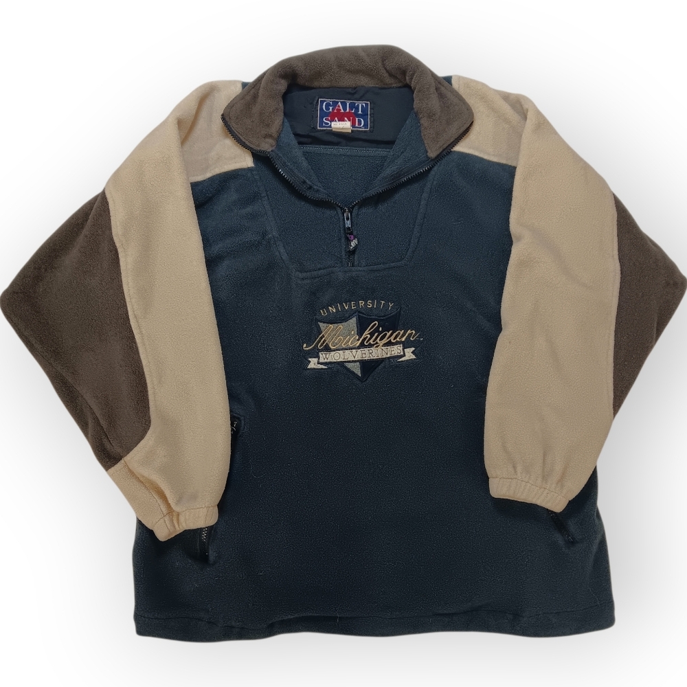 90s GANT Navy and Tan Michigan Wolverines Embroidered Fleece Pullover -  L
